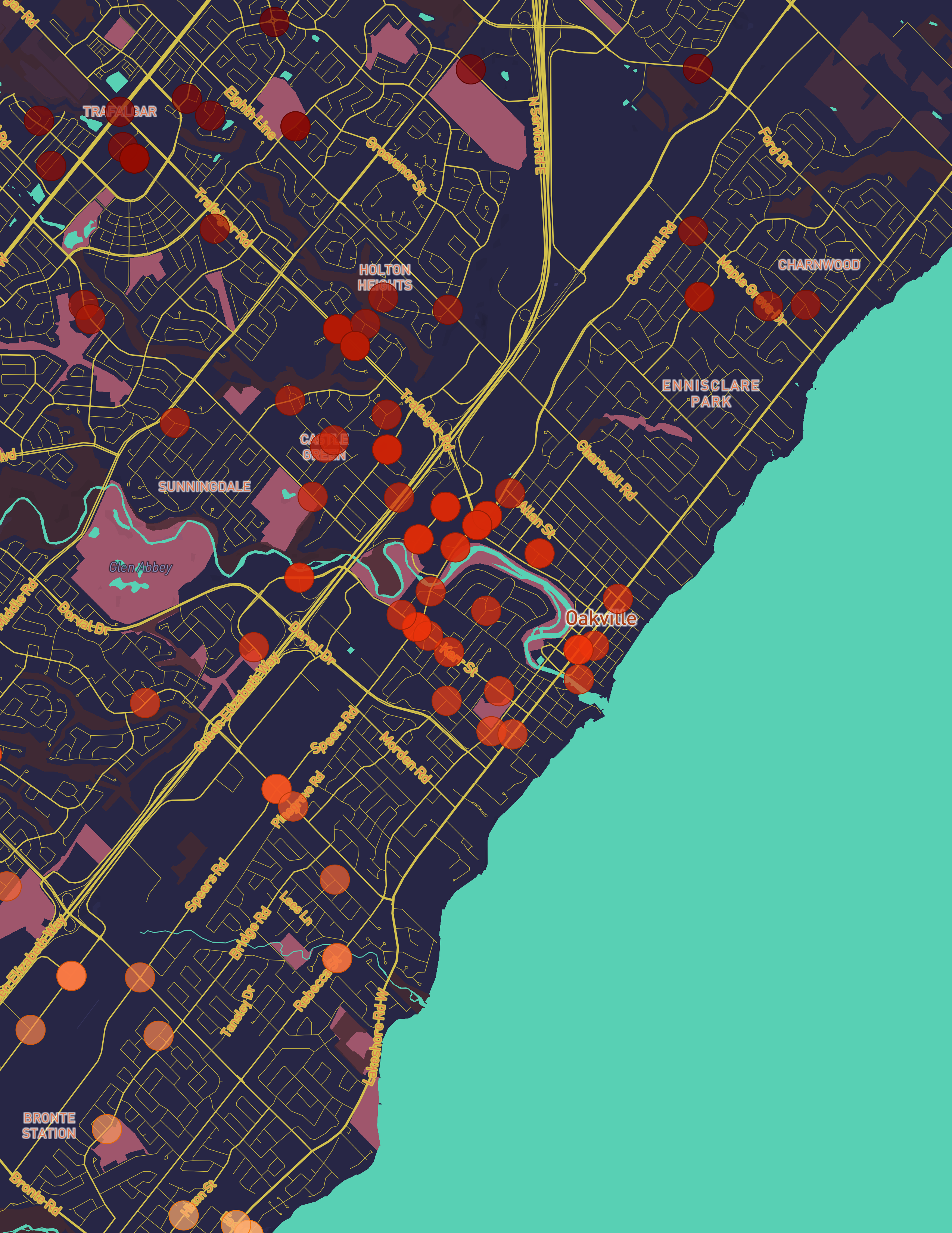 I used a bright red for the data points to contrast the colors of the map.